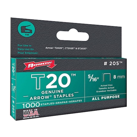 Arrow T20 5/16" W X 5/16" L 24 Ga. Wide Crown Staples, 1000PK 205